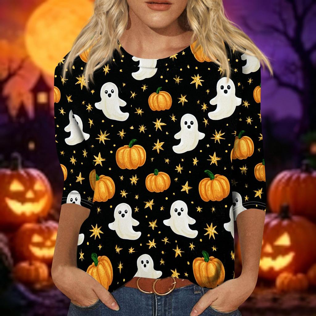 Women Casual 3/4 Sleeve Halloween Print Pullover Top Round Neck Lightweight Soft Fabric Comfortable Fit