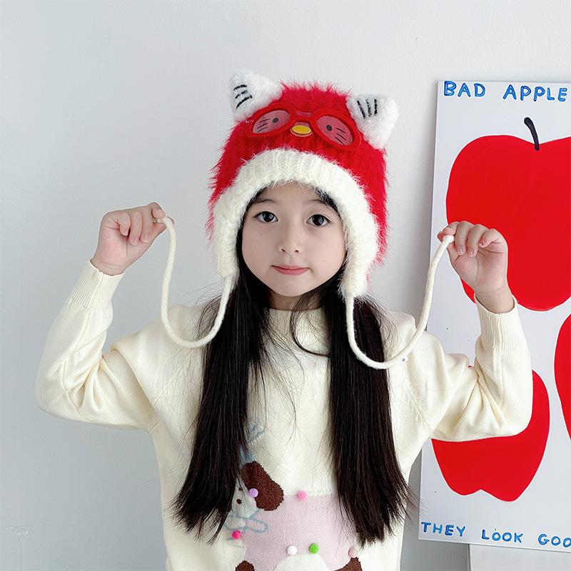 Мультяшная детская шапка Милая и милая кошка КТ Кошка Очки Шерстяная вязаная шапка-пуловер Теплая вязаная шапка с защитой ушей one size