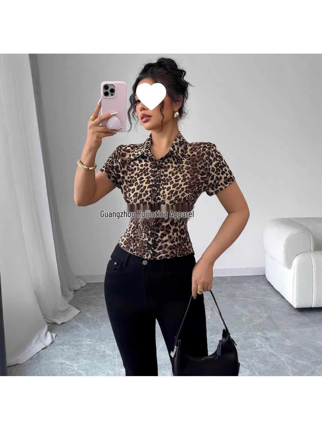 2025 Summer Women s Slim Fit Leopard Print Short-Sleeve Fashion Shirt Large
