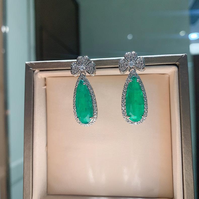 New Simulation Paraiba Necklace Ear Hanging Emerald Pear Shaped Banquet Jewelry Set 8X20