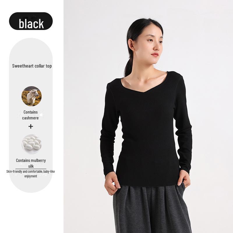 Peach Heart Collar Cashmere Silk Thermal Underwear Set – Women's High Waist Autumn/Winter Clothes and Pants