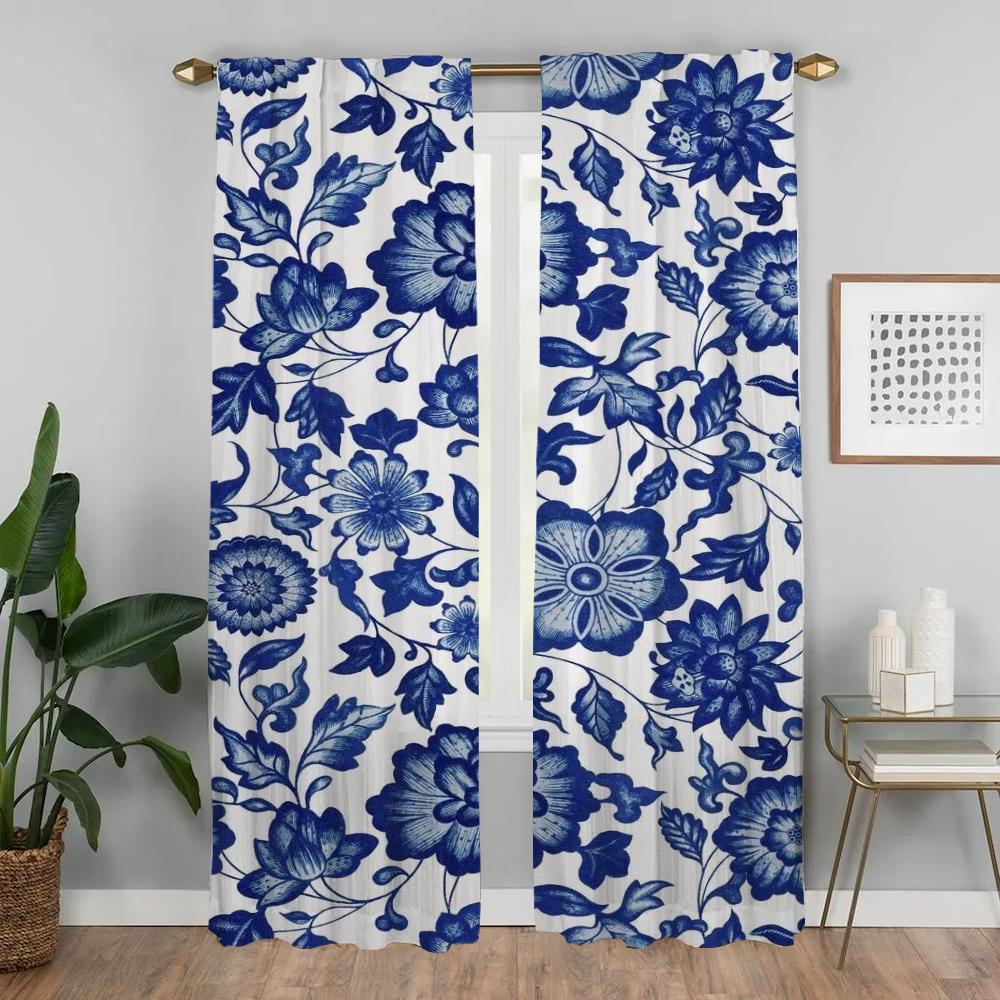 Květiny Domácí interiérové ​​záclony 2 kusy Elegantní pokojové záclony pro přepážku kamery Tyl do ložnice Zatemňovací záclony