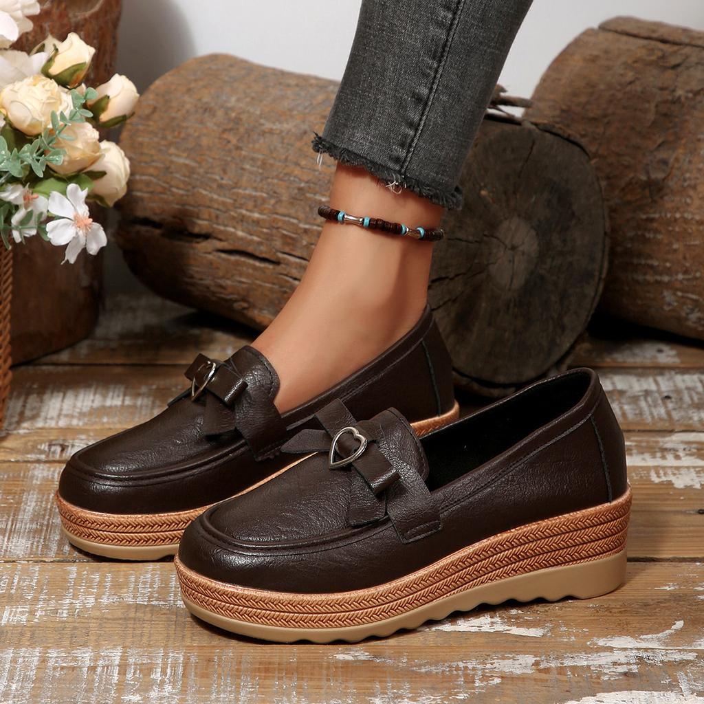 Platform muffin shoes spring and autumn new soft leather small wedge heel single shoes British style retro brown lazy shoes