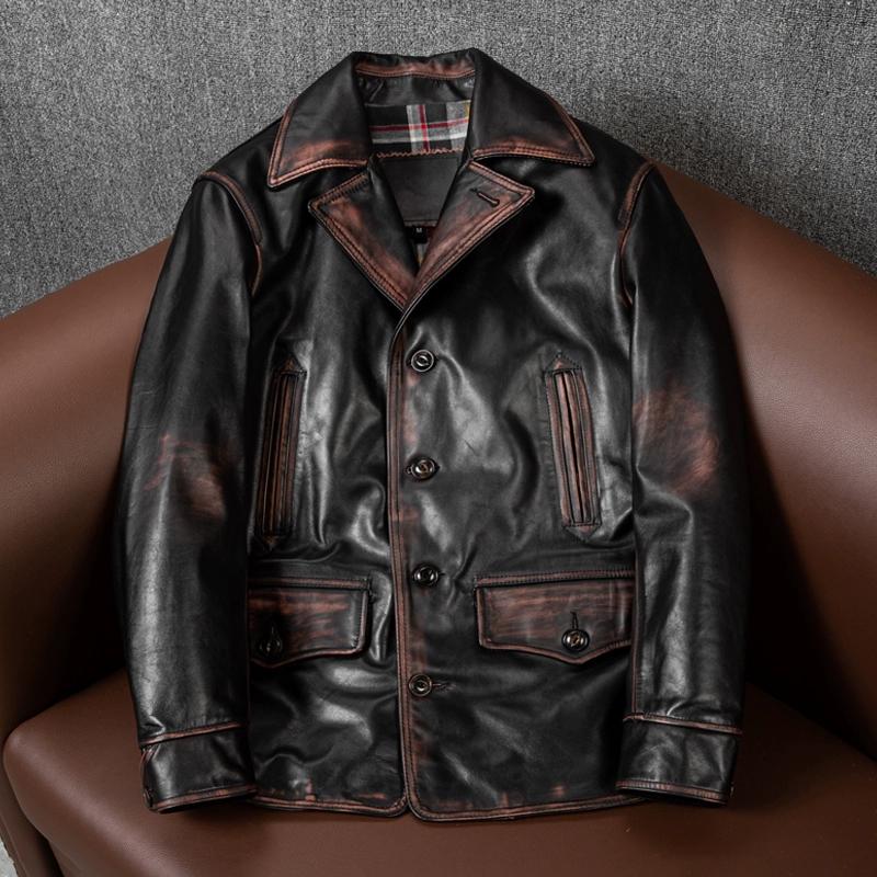 Vintage Handmade Distressed Vegetable Tanned Horsehide Leather Jacket for Men Oversize Long Coat