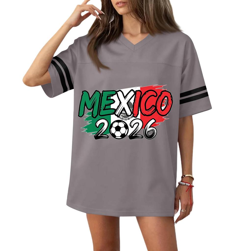 Women V Neck Casual Soccer Jersey Style Short Sleeve Top with Mexico 2026 Flag Print for Sports and Wear