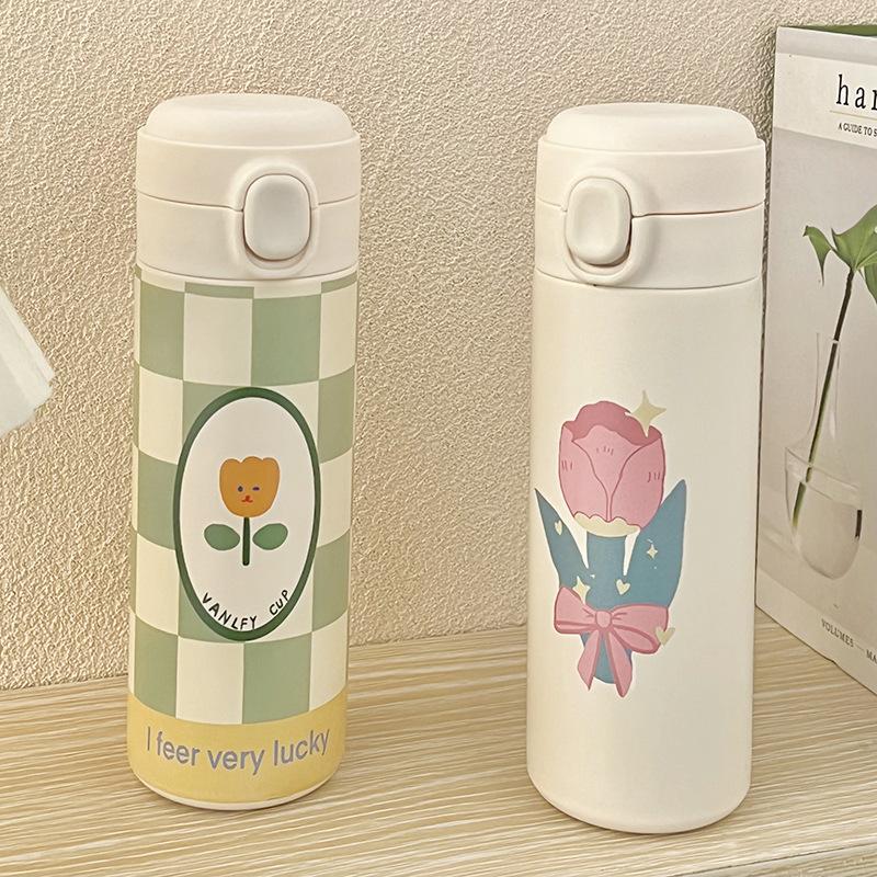 500ML Nerezový Termohrnek Roztomilé Lahve na Vodu s Krytem se Slámkou Tulipánový Hrnek Ohřívací Hrnky na Kávu Čaj Mléko Termoska
