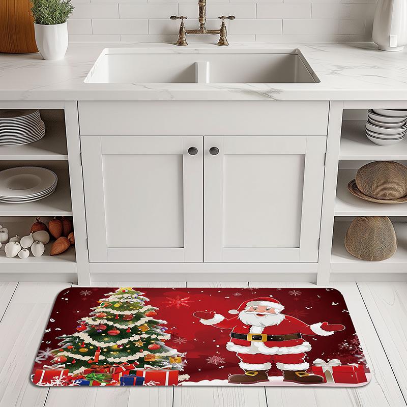 Christmas Themed Diatomite Bath Mat Non-Slip Absorbent Floor Mat for Home Entryway Bathroom Festive Decor