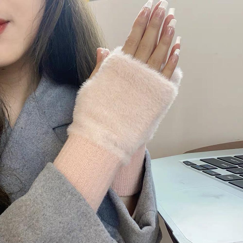 Soft Winter Half Finger Gloves Women Warm Luxury Solid White Plush Knitted Fingerless Gloves Wrist Mittens Writting