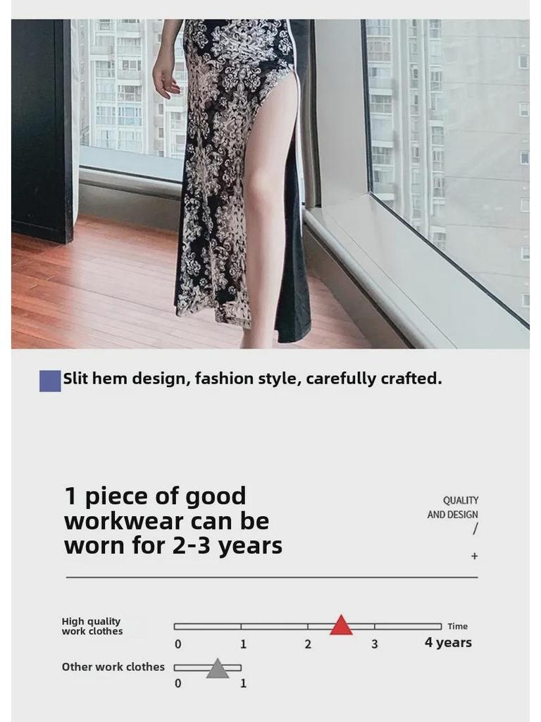 Retro šik čínské šaty jaro/léto 2024: Dámské sexy luxusní šaty s dlouhým rozparkem