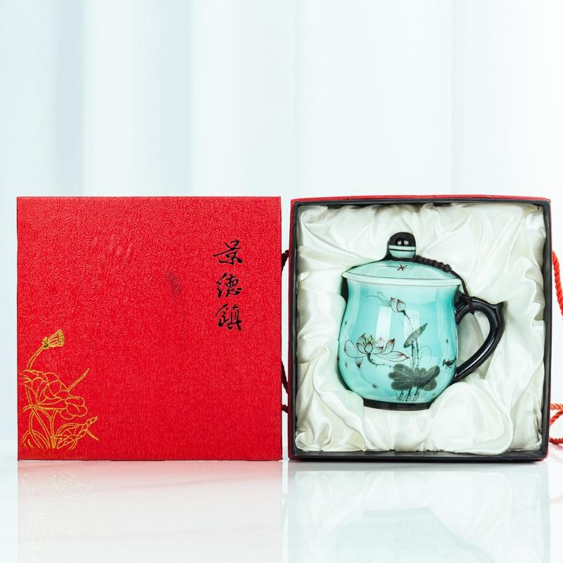 Hand Painted Celadon Tea Cup with Lid Ceramic Mug Office Home Gift Personal Drinking Cup
