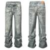 High Street Straight Washed Dirty Ripped Blue Jeans Pants for Men Vintage Casual Loose Denim Trousers Frayed Patchwork Cargos