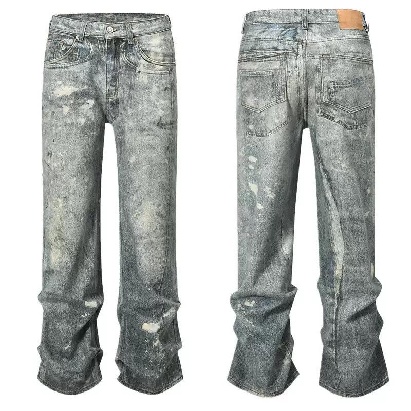 RogueWave High Street Straight Washed Dirty Ripped Blue Jeans Pants for Men Vintage Casual Loose Denim Trousers Frayed Patchwork Cargos