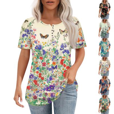 Damen Pullover mit Rundhalsausschnitt, modisch und lässig, kurzärmelig, Knopfleiste, Blumendruck