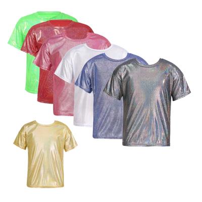 Kids Girls and Boys Casual Metallic Shiny Short Sleeve T-shirt Sparkly Jazz Dance Tops