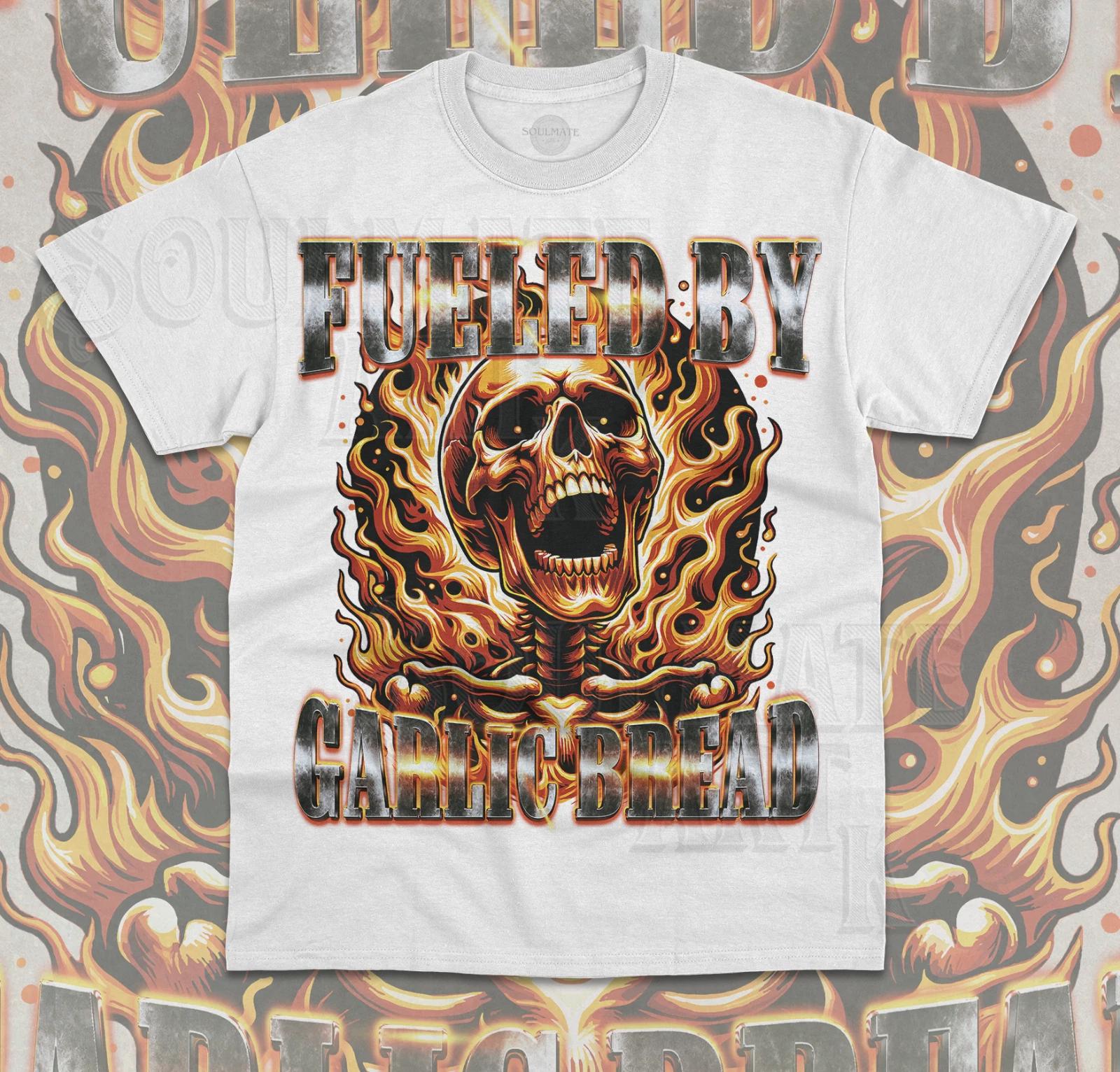 Fueled By Garlic Bread T- Shirt Funny Meme Graphic Skeleton Garlic Lover Shirt 2XL