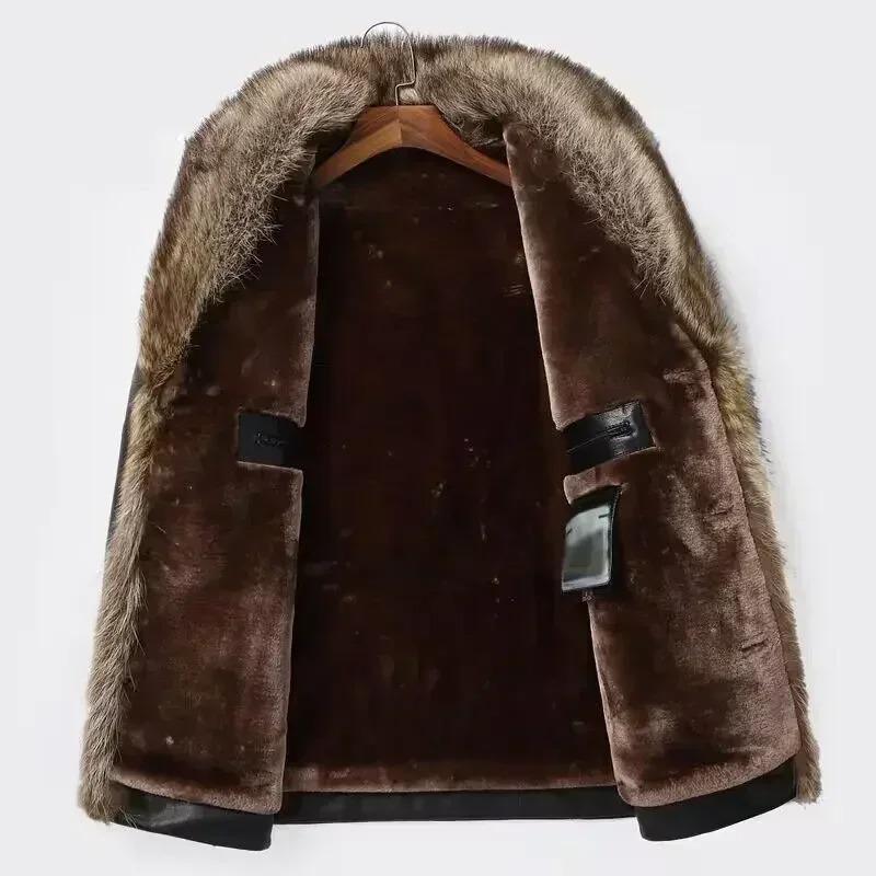 Haining Fur One Man with Wool Thickened Genuine Leather Fur Coat Sheep Skin Raccoon Big Fur Collar Medium Long Men's Clothing