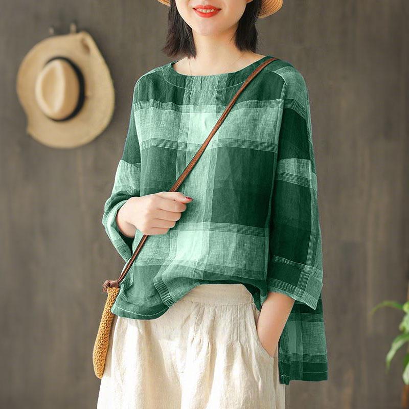 ZANZEA Women Casual Round Neck Plaid Print Long Sleeve Cover Up Tee Tops