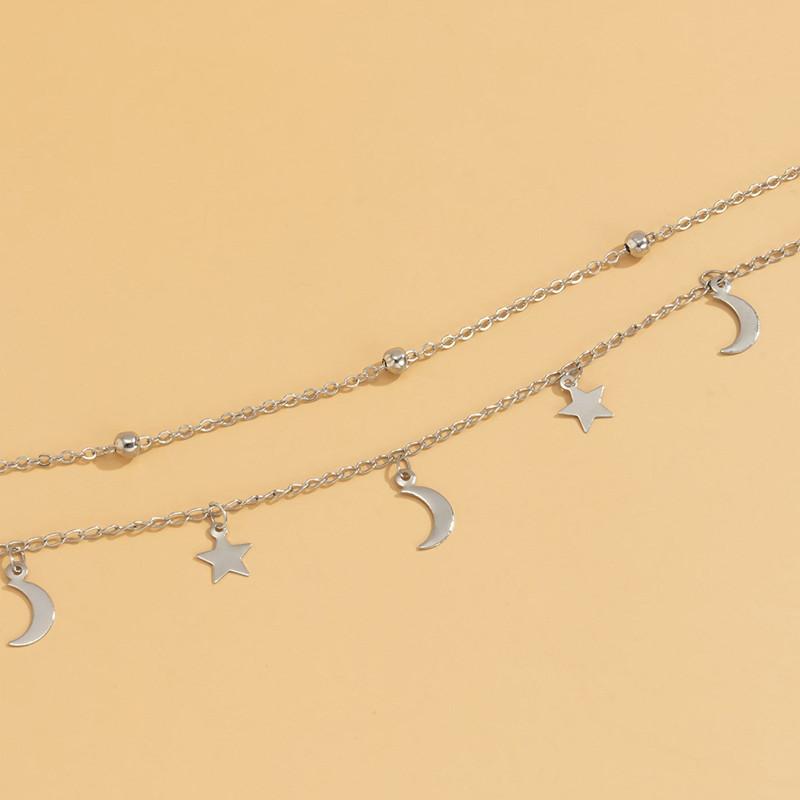 Star & Moon Pendant Clavicle Necklace Double Layers Beads Minimalist Women Fashion Collares Summer Everyday Jewelry Bijoux