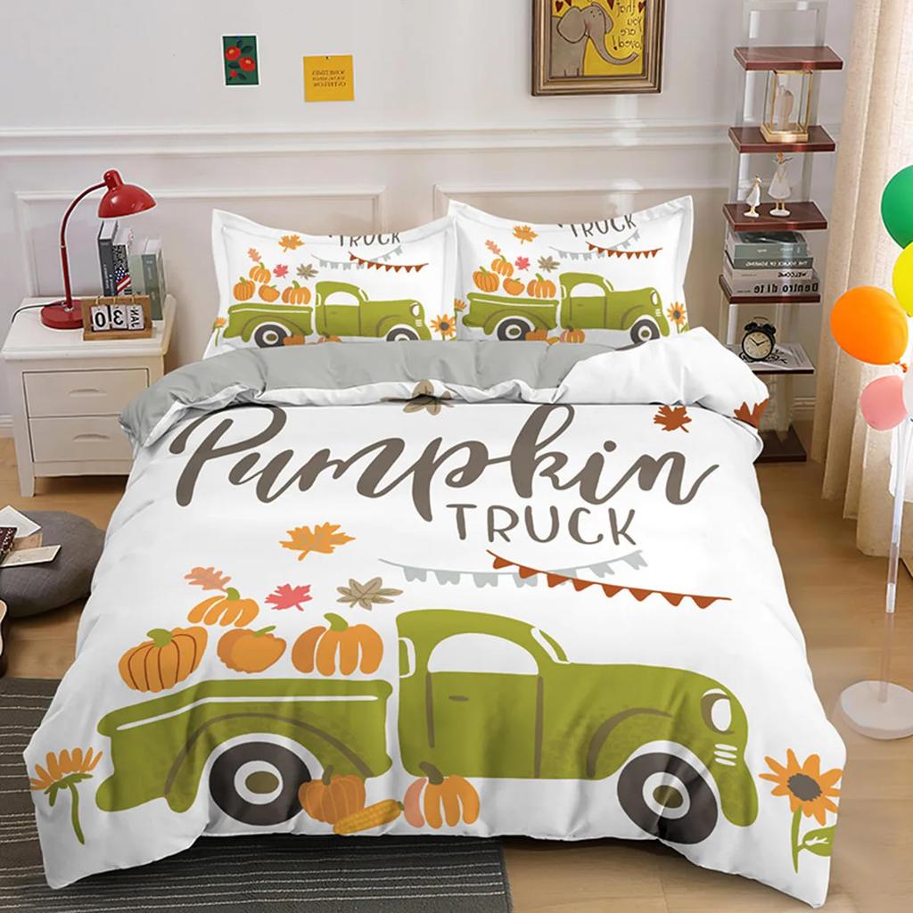 Autumn Pumpkin Truck Soft Duvet Cover Hapy Fal Thanksgiving Beding Set for Children Festival Gifts Comfortable Quilt Cover Bedrom Decoration