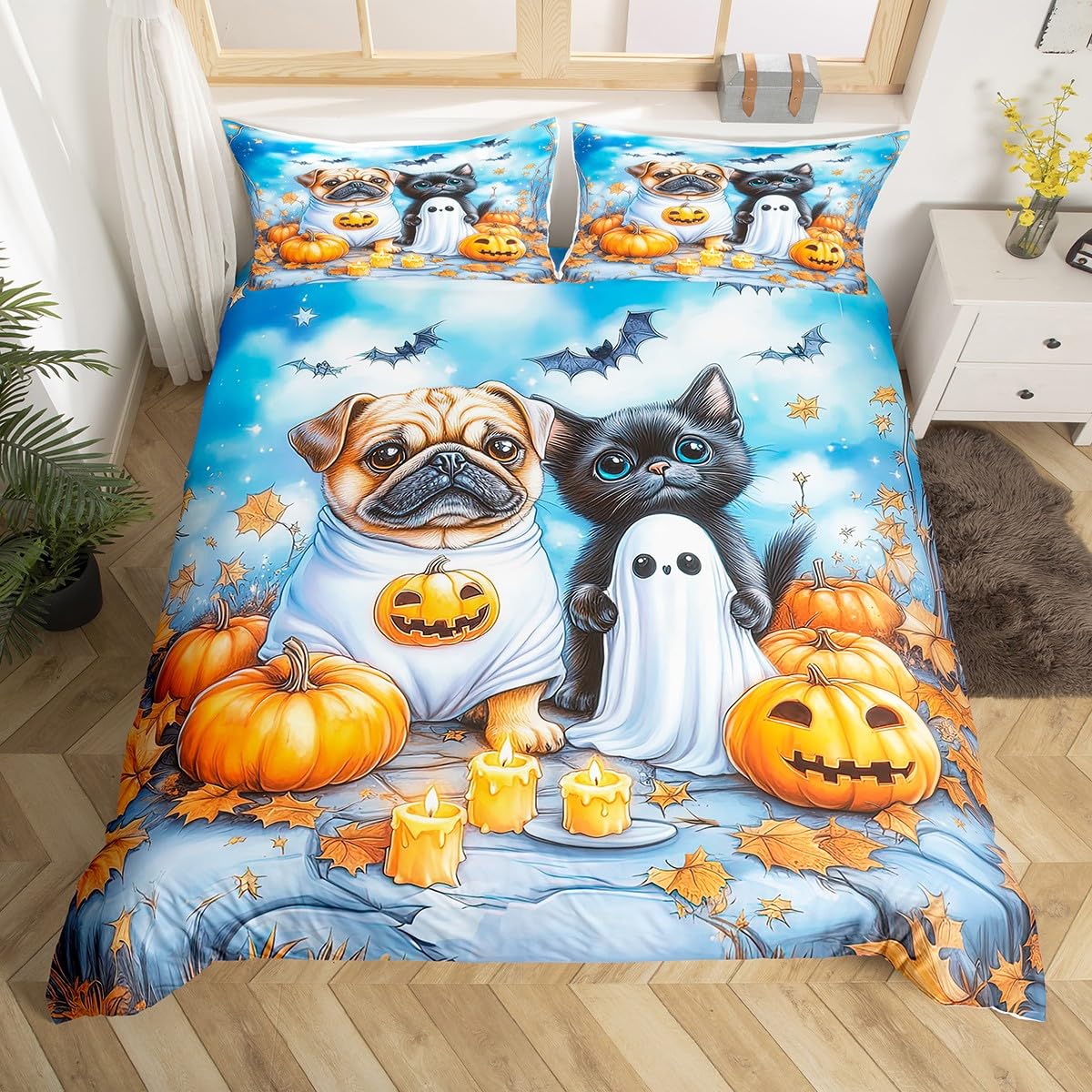 

Comforter Halloween Twin Spooky Ghost Pumpkin Bat Bedding Set Horror Castle Funny Halloween Comforter For Kids Adults Comforter (quilt)-EU Single(135*200cm)3pcs