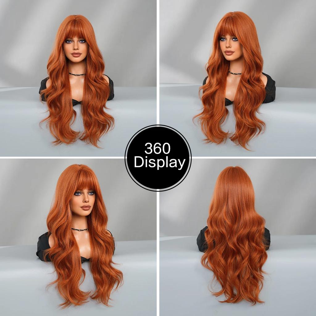 Professional  Loose Long Body Wavy Orange Wig for Women Daily Use Fashion Synthetic LightOrange Curly Hair Wigs with Bangs High Density 28Inch