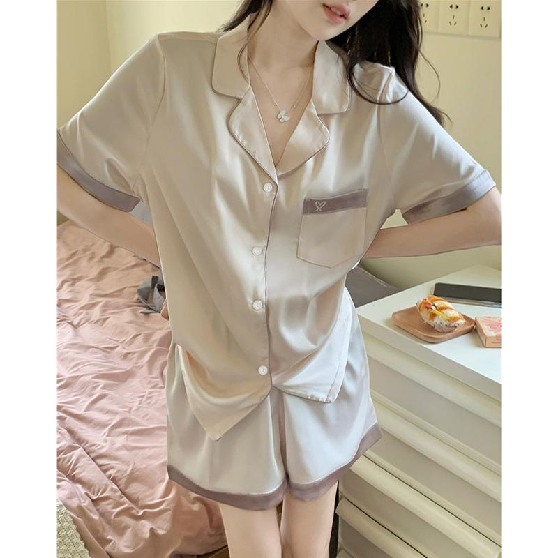 Hot-Selling Women'S Home Pajamas Short-Sleeved Love Embroidery Pocket Lapel Outer Wear Set