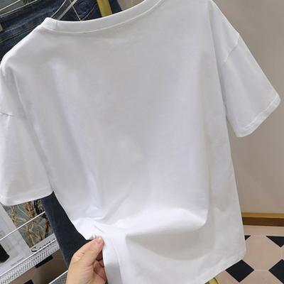 Weißes Baumwoll-T-Shirt mit Rundhalsausschnitt und Print, kurzärmelig, Damen, Sommer 2025, Buchstabendruck, reguläres, modisches, vielseitiges Oberteil