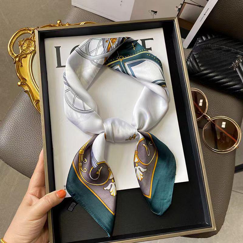 High-End Women's Lightweight Silk Square Scarf - Temperament Print Neckerchief for Neck Protection and Decoration.