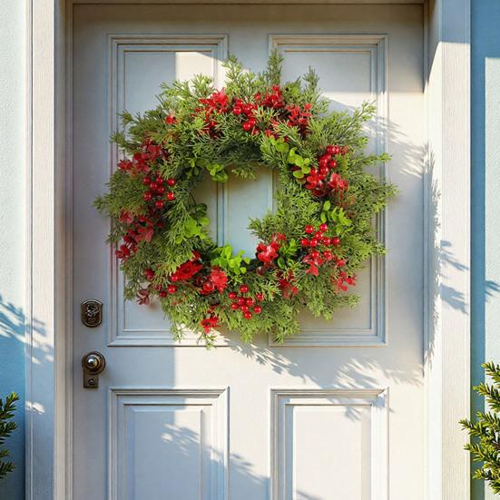 16 Inch Christmas Wreath with Red Berries Artificial Eucalyptus And Cedar Leaf Wreath for Holiday Front Door Wall Home Decoration