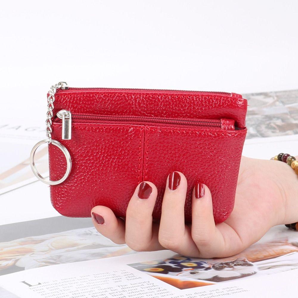 Portable PU Leather Coin Purse Mini Zipper Leather Purses with Keychain Solid Color ID Credit Card Holder