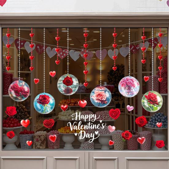 Valentine's Day Window Clings Rose Flower Heart Static PVC Window Glass Decals Reusable Double-Sided Static Stickers for Wedding Anniversary Home