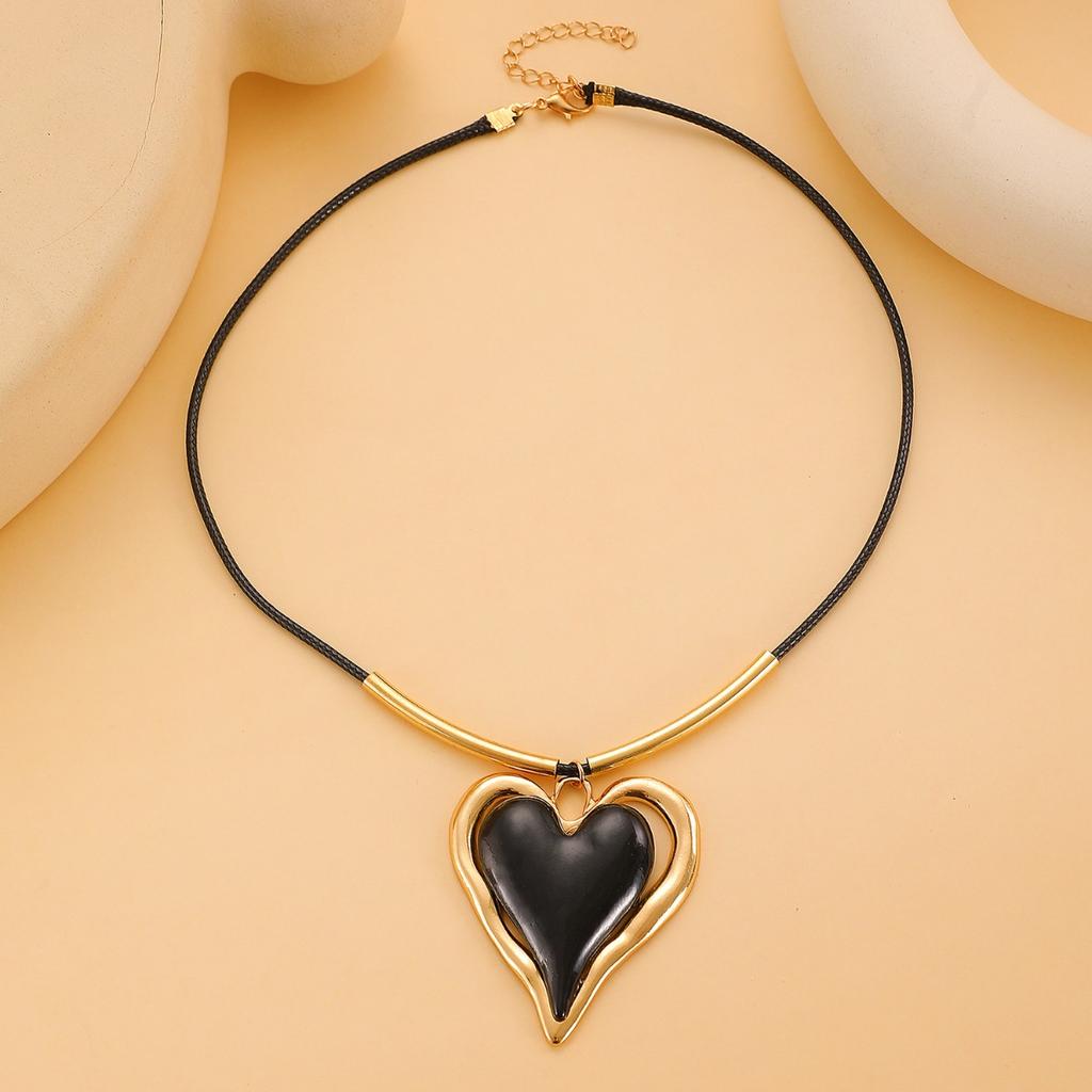 Bold Red Heart Pendant Necklace Black Cord Choker Necklace Gold Tone Double Layer Heart Charm Necklace for Women