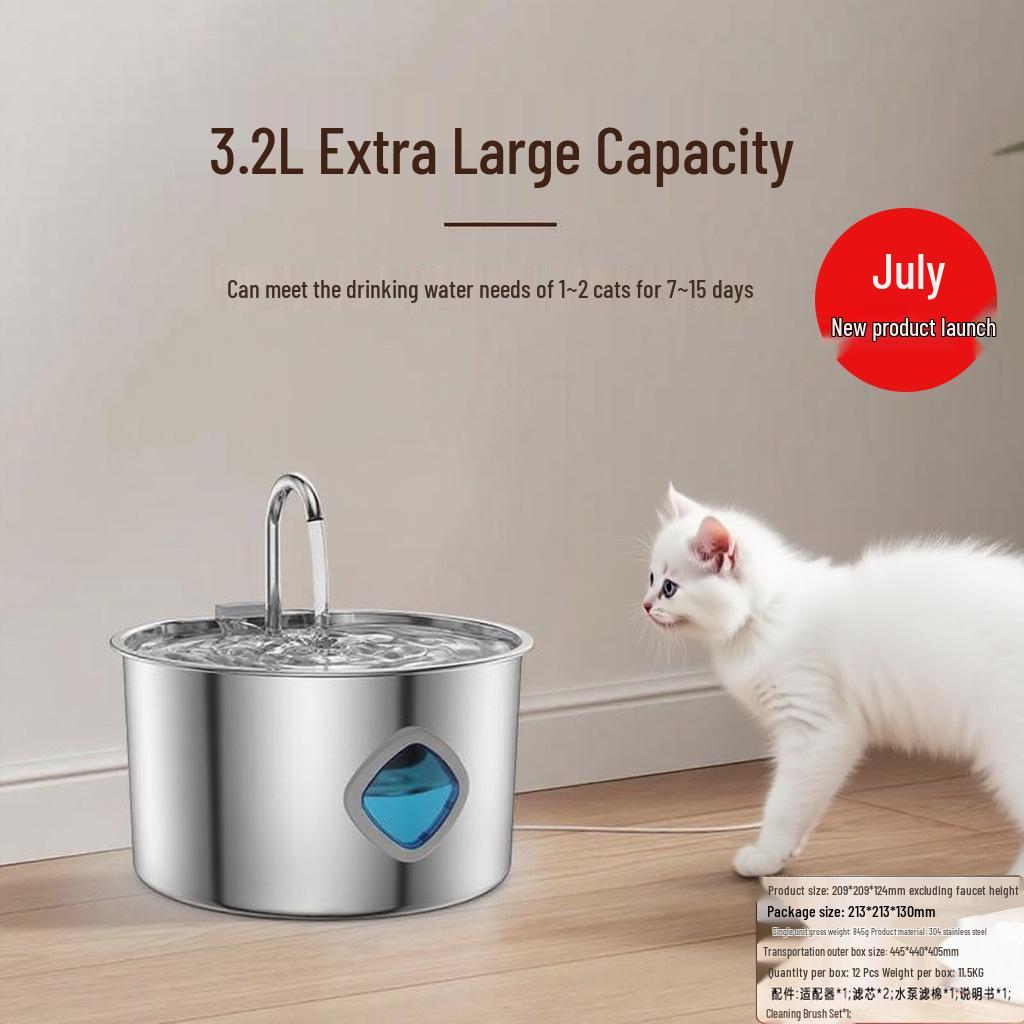 3.2L Large Capacity Stainless Steel Cat Water Fountain - Smart Automatic Pet Dispenser