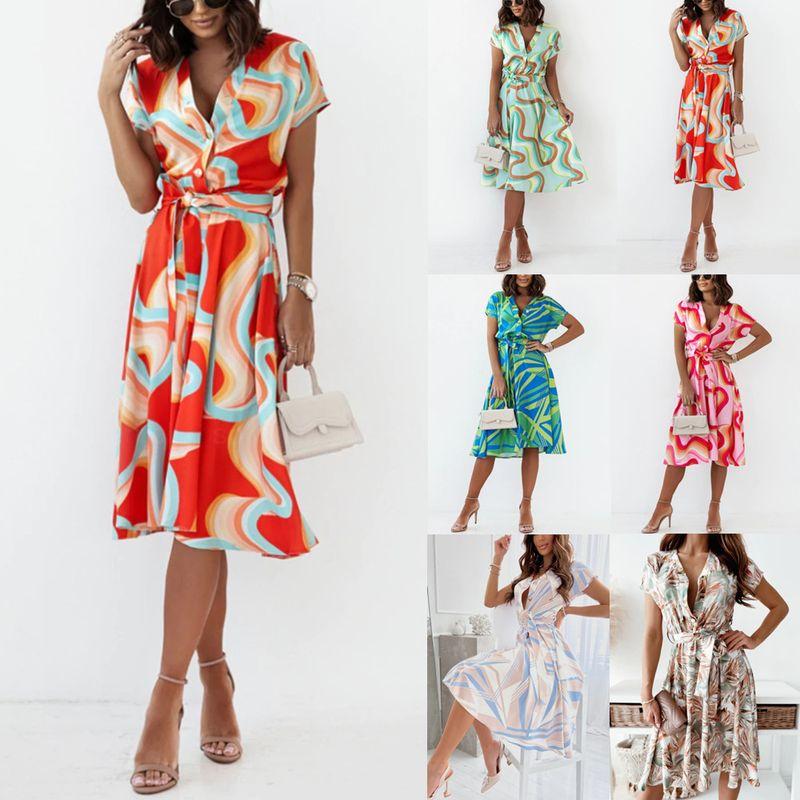 Printed Waist Dress Women's Clothing Summer Fashion Style Fashion Temperament Printed Short Sleeve V Neck Dress