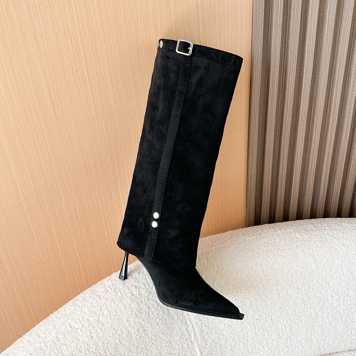 

6900-3 Straight women s boots pointed head large tube circumference metal buckle medium long tube boots large size thick heel trouser tube boots wo 35 чёрный