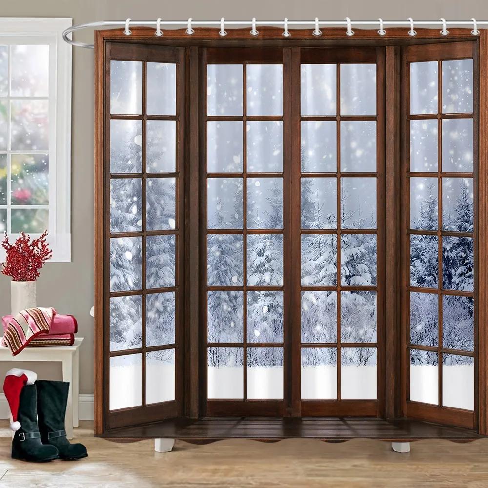 Winter Outdoor Forest Snow Shower Curtain Simulation Window Landscape Polyester Fabric Water Shower Curtains Bathroom Decoration