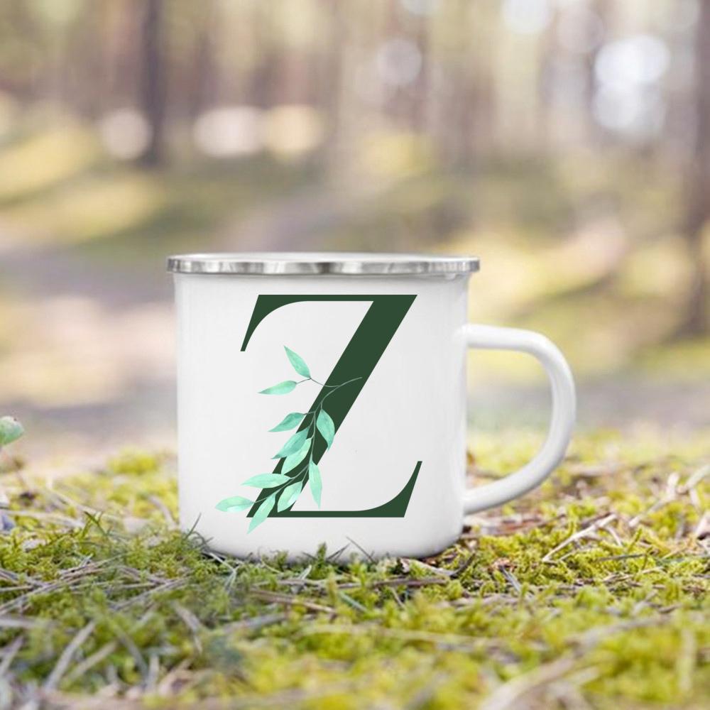 

Ручка эмалированная чашка акварель зеленый лист с алфавитом кружка походный кофе чай кружки праздничный день рождения лучшие оригинальные и забавные подарки 360ml