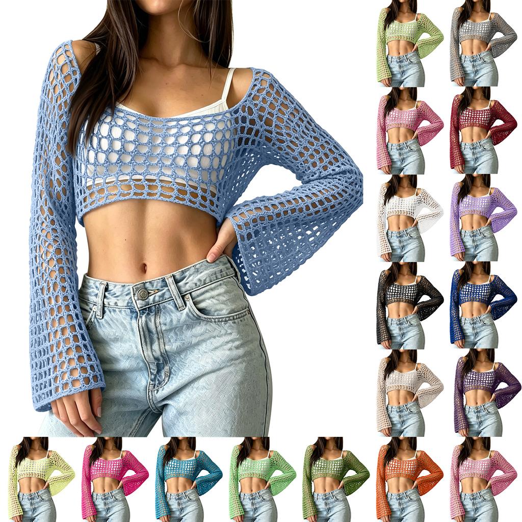 Women's Sunscreen Hollow Long Sleeve Backless Bikini Beach Dress Knit Sweater Cover-Up
