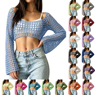 Women's Sunscreen Hollow Long Sleeve Backless Bikini Beach Dress Knit Sweater Cover-Up