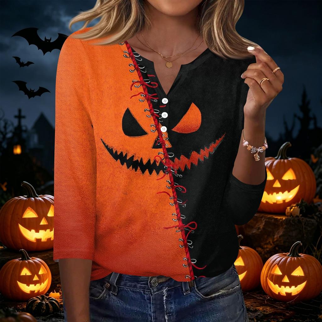 Women's Casual Halloween Print V Neck Button Front Three Quarter Sleeve T Shirt Top with Spooky Haunted House Design for Fall