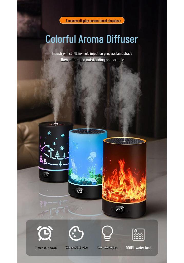 USB RGB Flame Aroma Diffuser: Silent Timer, Large Mist Volume, Essential Oil Fragrance, Perfect for Home Use.