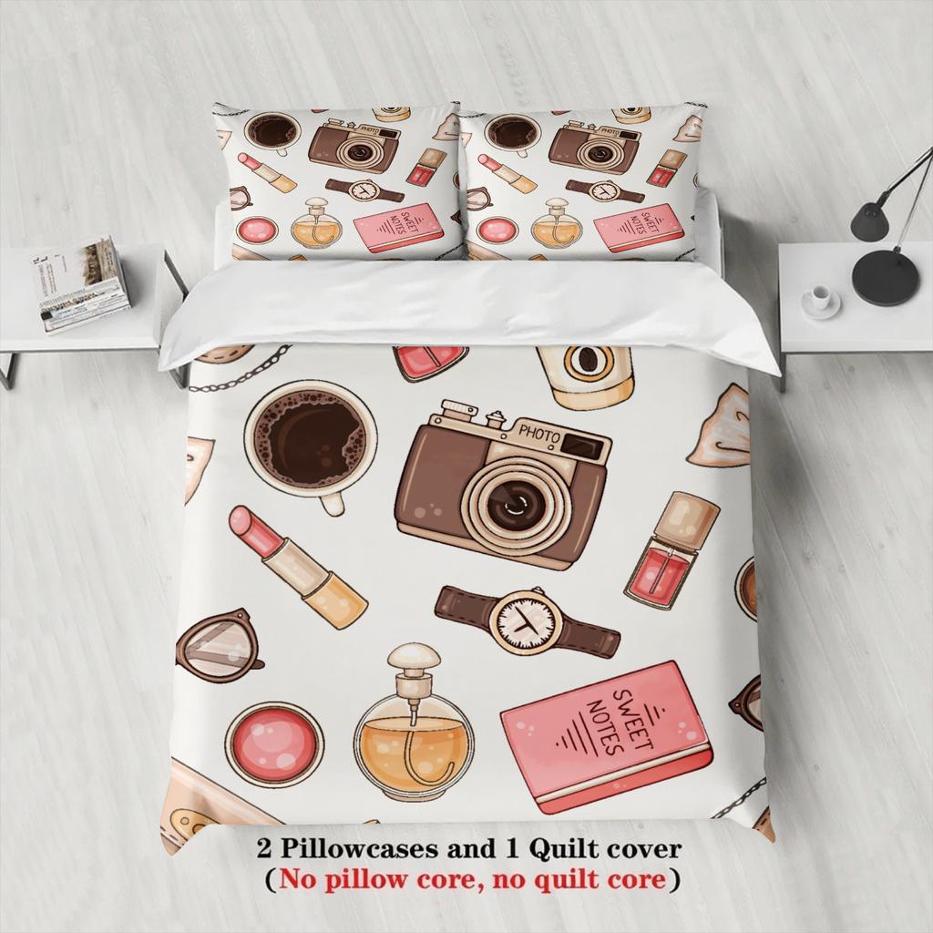 3pcs Bedding Sets 3D Printed Camera Coffee Perfume And Watch Duvet Cover Sets With Pillowcases No Filling