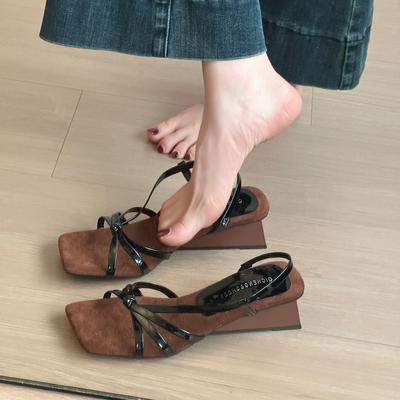 Summer Thin Belt Retro Square Head Wedge Sandals 2025 New Temperament Matching Skirt One-word Belt Sandals Women's Roman Sandals