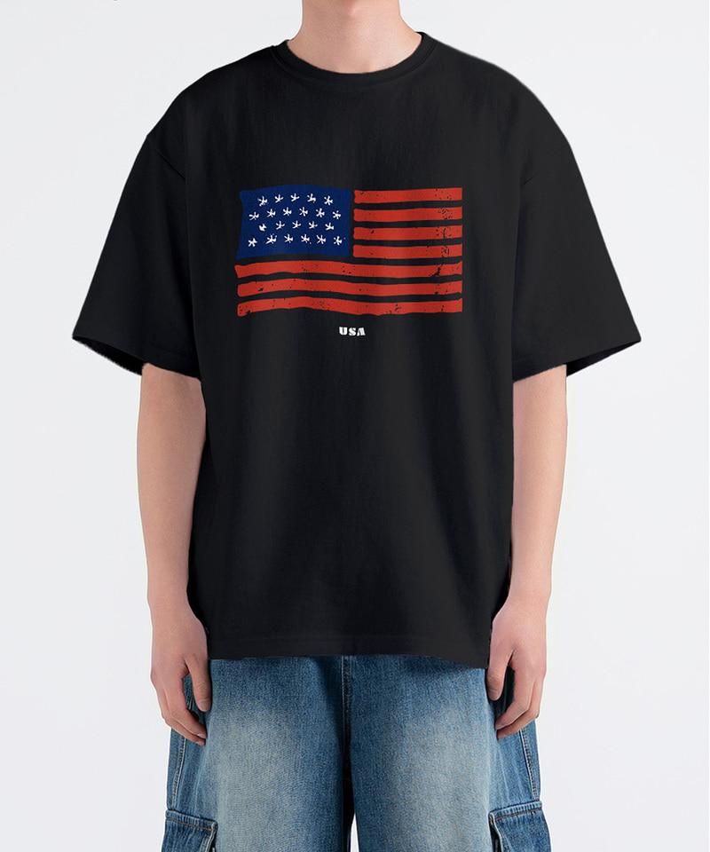 UNDEROFF Oversized Crew Neck Vintage American Flag Short Sleeve T-Shirt White