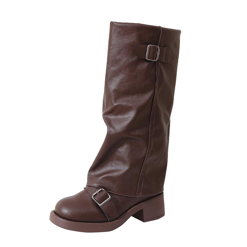 Vintage Thick Heel Women Knee High Boots Fashion Ladies Belt Buckle Knight Long Booties Botas De Inverno Feminina