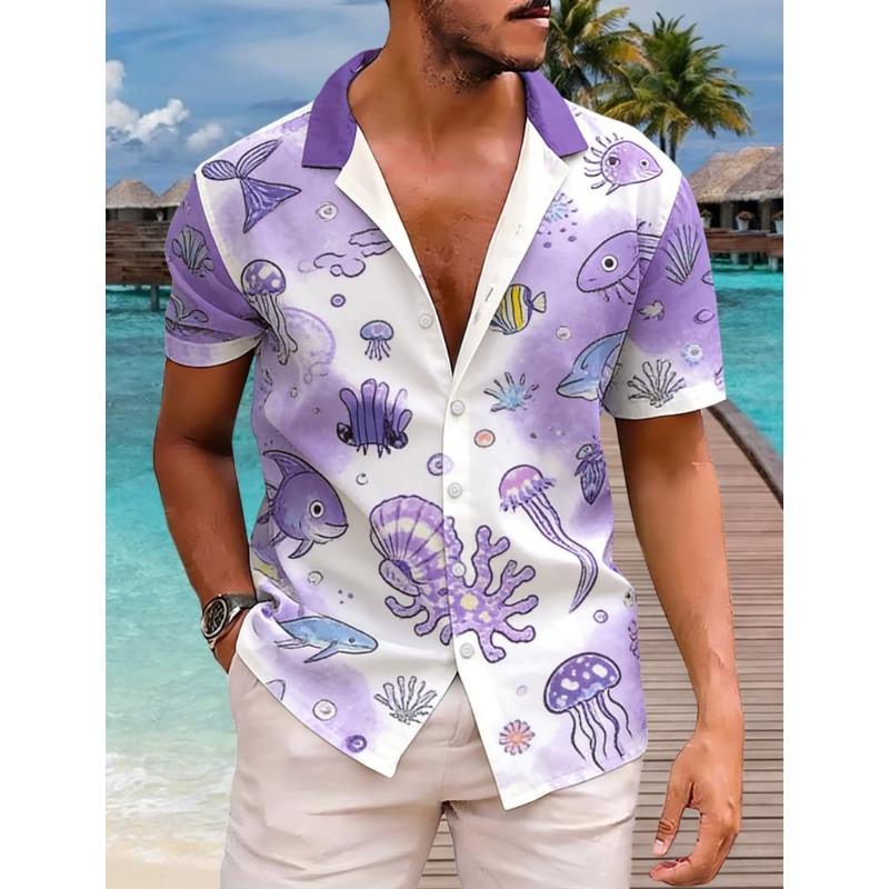 Men's Classic Retro Ocean Animal Print Short Sleeve Shirt Dinosaur Print Top