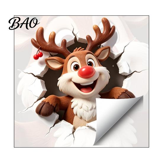 Christmas Wall Decals Reindeer Decal, 3D Hole Illusion Red Nose Rudolph Sticker, Stickers Peel And Stick Waterproof PVC Decor for Kids Room