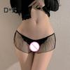 Women Thong Mesh Lace Bow Decor Spaghetti Strap Open Crotch Solid Color Low Waist Seductive Elastic Hot Lady G String Panties Underwear