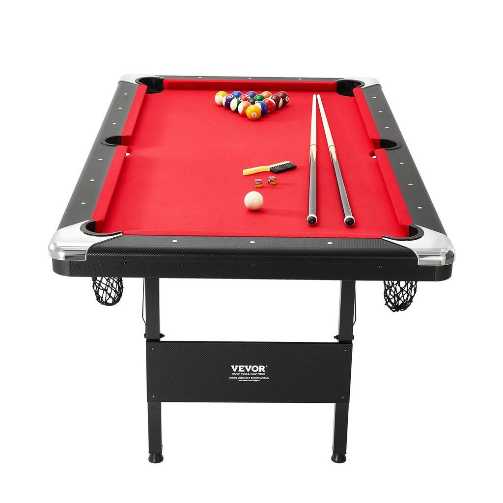 Billiards Table, 6.3 ft Pool Table, Portable Foldable Space-Saving Table, Billiard Table Set Includes Balls, Cues, Chalks and Brush, Black with Red