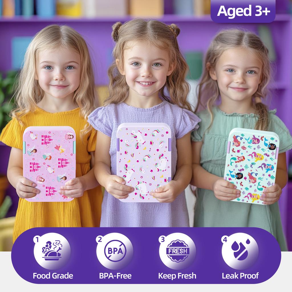 40oz Cartoon Pattern Bento Lunch Box Set Leak Proof Removable Dividers Meal Container for School Office Picnic Food Snack Prep